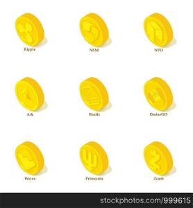 Gold coin icons set. Isometric set of 9 gold coin vector icons for web isolated on white background. Gold coin icons set, isometric style