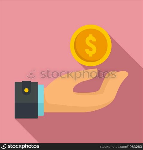 Gold coin in hand icon. Flat illustration of gold coin in hand vector icon for web design. Gold coin in hand icon, flat style