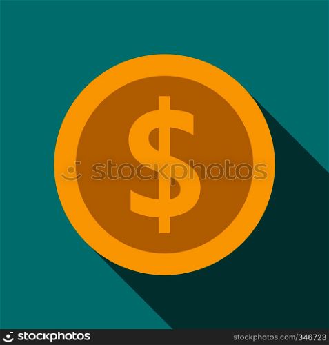 Gold coin with dollar sign icon in flat style on a blue background. Gold coin with dollar sign icon, flat style
