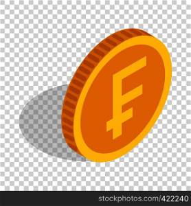 Gold coin with Swiss Frank sign isometric icon 3d on a transparent background vector illustration. Gold coin with Swiss Frank sign isometric icon