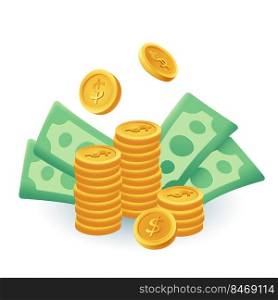 Gold coins and banknotes 3d cartoon style icon. Stack of coins with dollar sign, wad of money or cash, savings flat vector illustration. Wealth, economy, finance, profit, currency concept