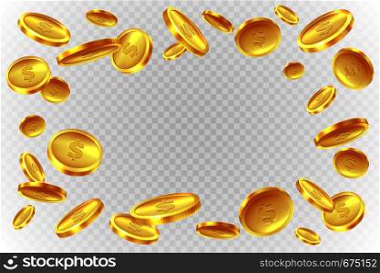 Gold coins explosion. Realistic flying golden raining coin. Monetary fall cash, prize game splash money jackpot lotto casino vector images. Gold coins explosion. Realistic flying golden coin. Monetary fall cash, prize game splash money jackpot lotto casino vector images