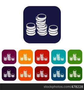 Gold coins icons set vector illustration in flat style in colors red, blue, green, and other. Gold coins icons set