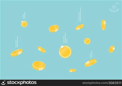 Gold coins money falling on the ground illustration, flat style flying. vector cartoon design.