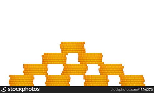 Gold coins stacked in a pyramid isolated on white. Cartoon style. Side view. Big jackpot. Vector EPS10.