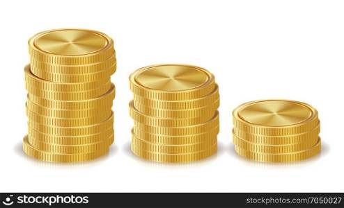 Gold Coins Stacks Vector. Golden Finance Icons, Sign, Success Banking Cash Symbol. Investment Concept. Realistic Currency Isolated Illustration. Gold Coins Stacks Vector. Golden Finance Icons, Sign, Success Banking Cash Symbol. Investment Concept. Realistic Currency Isolated