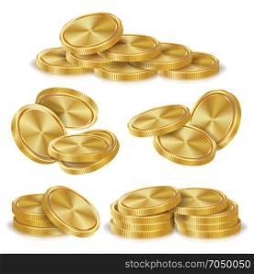 Gold Coins Stacks Vector. Golden Finance Icons, Sign, Success Banking Cash Symbol. Realistic Isolated Illustration. Gold Coins Stacks Vector. Realistic Isolated Illustration