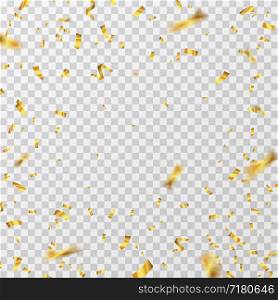 Gold confetti. Golden yellow ribbons flying down glitter isolated. Wedding party christmas background. Banner with confetti for festival, festive ribbon wedding illustration. Gold confetti. Golden yellow ribbons flying down glitter isolated. Wedding party christmas background