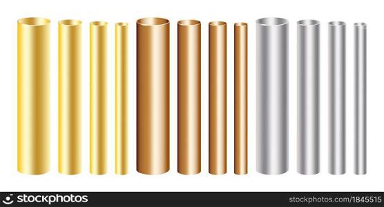 Gold, copper and silver aluminium pipes set of different diameters. Industrial concept. Vector illustration. Stock image. EPS 10.. Gold, copper and silver aluminium pipes set of different diameters. Industrial concept. Vector illustration. Stock image.