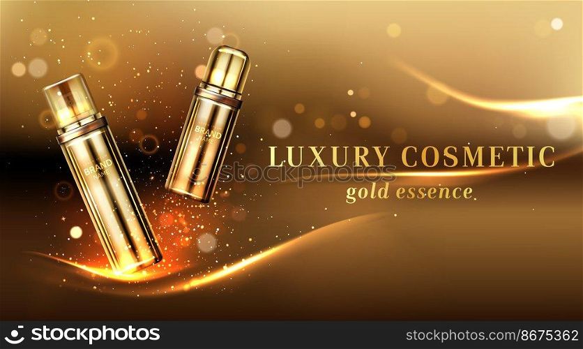 Gold cosmetic bottles ad banner, cosmetics tubes on elegant blurred background with golden glitter and light waves, essence, cream or lotion beauty skin care product, Realistic 3d vector illustration. Gold cosmetic bottles ad banner, cosmetics tubes