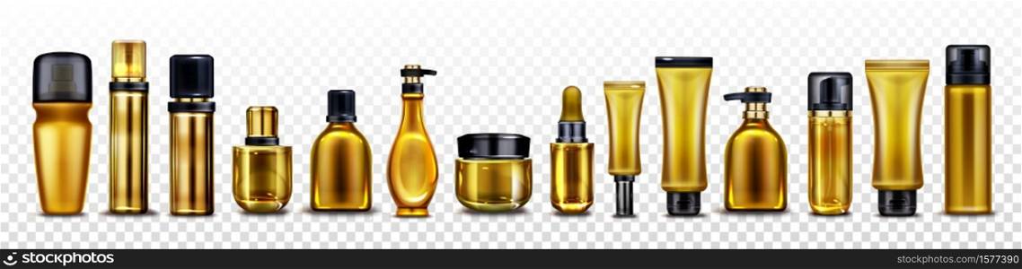Gold cosmetic bottles, jars and tubes for cream, spray, lotion and beauty products. Vector realistic mockup of blank glass and plastic golden package with black cap isolated on transparent background. Vector mockup of golden cosmetic bottles and tubes