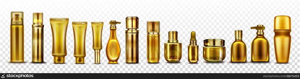 Gold cosmetic bottles mockup, golden cosmetics tubes for essence, cream or lotion, oil, sh&oo beauty skin care product isolated on transparent background Realistic 3d vector illustration, icons set. Gold cosmetic bottles mockup, cosmetics tubes set