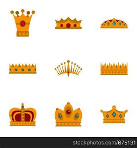 Gold crown icon set. Flat set of 9 gold crown vector icons for web isolated on white background. Gold crown icon set, flat style