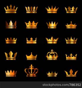 Gold crown icons. Queen king golden crowns luxury royal on blackboard, crowning tiara heraldic winner award jewel vector set for quality label. Gold crown icons. Queen king crowns luxury royal on blackboard, crowning tiara heraldic winner award jewel vector set