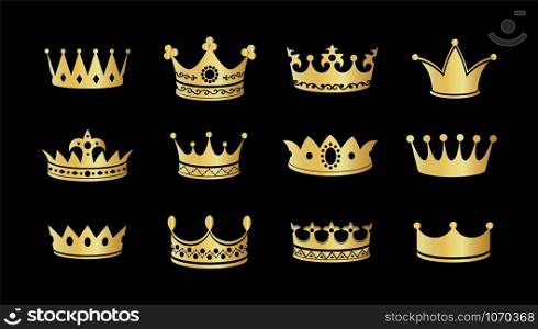 Gold crown silhouette icon set. Collections of golden crowns. Queen tiara. King diamond coronation crowning. Vector illustration retro glittering corona for game as a symbol of royalty. Gold crown silhouette icon set. Collections of golden crowns. Queen tiara. King diamond coronation crowning. Vector corona illustration