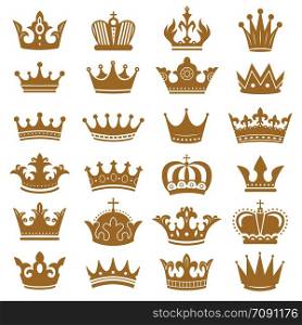 Gold crown silhouette. Royal crowns, coronation king and luxury queen tiara silhouettes. Golden monarch hat, aristocracy crown or royal medieval leadership signs. Isolated icons vector set. Gold crown silhouette. Royal crowns, coronation king and luxury queen tiara silhouettes icons vector set