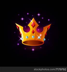 Gold crown with precious stones and sparkles, slot icon on dark purple background, casino concept, vector illustration. Gold crown with precious stones and sparkles, slot icon on dark purple background, casino concept, vector illustration.