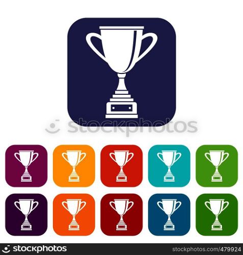 Gold cup for championship icons set vector illustration in flat style in colors red, blue, green, and other. Gold cup for championship icons set