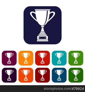 Gold cup for championship icons set vector illustration in flat style in colors red, blue, green, and other. Gold cup for championship icons set