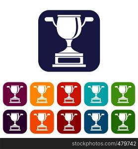 Gold cup icons set vector illustration in flat style in colors red, blue, green, and other. Gold cup icons set