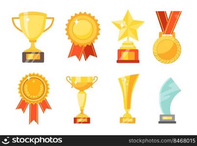 Gold cups and awards flat vector illustrations set. Collection of golden trophies and medals for winners isolated on white background. Competition, success, sports, achievement, victory concept