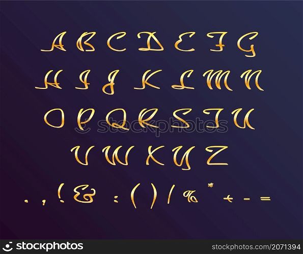 Gold cursive modern style alphabet set. Vector decorative typography. Decorative typeset style. Latin script for headers. Trendy letters and numbers for graphic posters, banners, invitations texts. Gold cursive modern style alphabet set