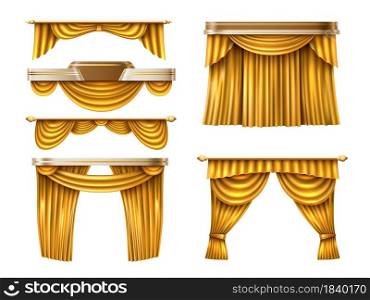 Gold curtains. Realistic golden fabric veils, different configurations, theater, cinema show stage drapes, indoor luxury interior decor vector set. Gold curtains. Realistic golden fabric veils, different configurations, theater, cinema show stage drapes, luxury interior decor. Vector set