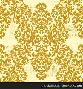 Gold damask ornament. Seamless vintage shabby background. Oriental ornament with grunge and scuffed. For the design of wall, menus, wedding invitations or labels, for laser cutting, marquetry.. Gold damask ornament.