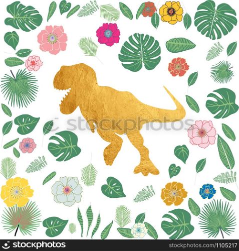 Gold Dinosaur with tropical flowers and leaves on white. Decor design for kids or children event, poster, banner, party invitation. Vector illustration.. Gold Dinosaur with tropical flowers and leaves on white.