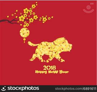Gold dog glitter 2018. Golden lantern isolated on red background . Year of the dog (hieroglyph Dog)