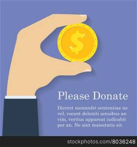 Gold dollar coin icon in man hand. Donation, giving money concept