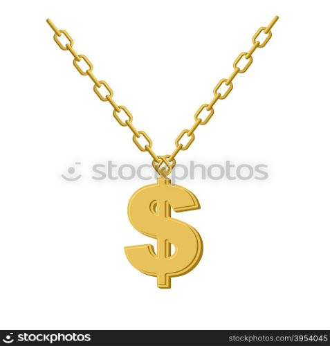 Gold dollar on chain. Decoration for rap artists. Accessory of precious yellow metal to hip hop musicians.&#xA;