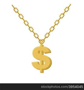 Gold dollar on chain. Decoration for rap artists. Accessory of precious yellow metal to hip hop musicians.&#xA;