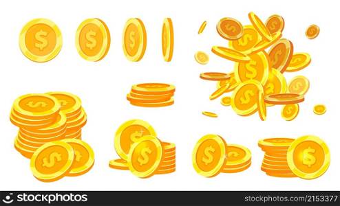 Gold dollars coins. Isolated coin golden, flying money. Metal cash stacks, financial banking, investment or game vector payments collection. Cash coin icon, isolated golden dollar illustration. Gold dollars coins. Isolated coin golden, flying money. Metal cash stacks, financial banking, investment or game vector payments collection