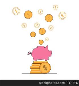 Gold Dollars Fly Out of Pink Pig Piggy Bank Standing at Coin Pile Isolated on White Background. Concept of Saving Money or Open Bank Deposit. Investment in Form of Toy. Linear Flat Vector Illustration. Gold Dollars Fly Out of Pink Pig Piggy Bank. Money