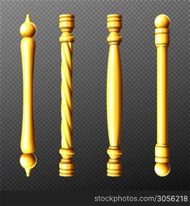 Gold door handles, column and twisted knobs bar shapes isolated on transparent background. Golden doorknob elements for interior design, yellow metal home decor, Realistic 3d vector icons, clipart set. Gold door handles, column and twisted knobs set