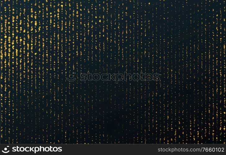 Gold dust falling flying sparkling confetti dots of vertical lines on a black background. Festive lights, golden garlands, tinsel decoration. Vector illustration EPS10. Gold dust falling flying sparkling confetti dots of vertical lines on a black background. Festive lights, golden garlands, tinsel decoration. Vector illustration