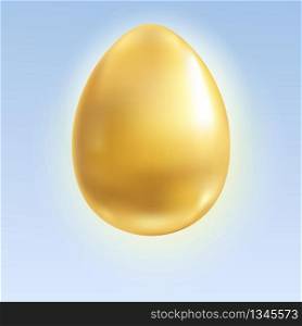 Gold egg with shadow. Wealth and religion symbol. Realistic precious Easter egg isolated on sky blue background. greeting card template. Premium vector illustration.