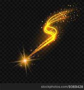 Gold Falling star with glittering trail. Abstract golden lines on black background. Vector eps10 illustration.