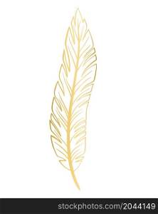 Gold feather isolated vector illustration. Beautiful graceful golden bird feather, decoration for cards or design. Gold feather isolated vector illustration