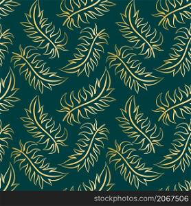 Gold feathers on emerald background. Vintage seamless pattern with gold feathers. Template for wallpaper, fabric and design. Gold feathers on emerald background
