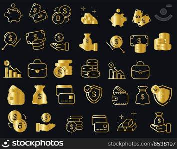 Gold financial icons isolate on black background