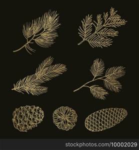 Gold fir branches and cones doodle vector set. Illustration pine cone and tree christmas twig. Gold fir branches and cones doodle vector set