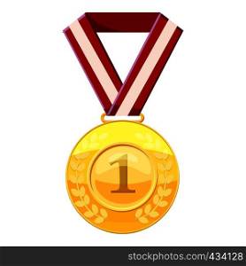 Gold first place medal on a red ribbon icon. Cartoon illustration of gold first place medal on a red ribbon vector icon for web. Gold first place medal on a red ribbon icon