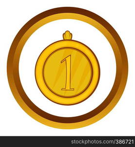 Gold first place medal vector icon in golden circle, cartoon style isolated on white background. Gold first place medal vector icon