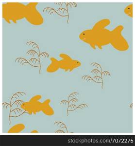 Gold fish and water plants endless pattern. Beautiful vector seamless pattern. Isolated on light blue background. . Endless design Fish and sea plant texture pattern.