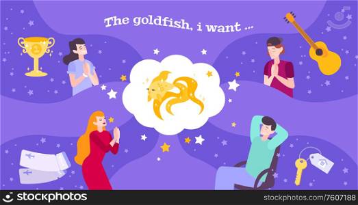 Gold fish dream flat composition with thought bubble goldfish and doodle human characters with their wishes vector illustration