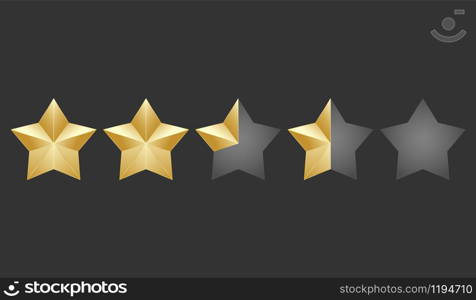 Gold five shape stars quality icon on a dark background. 5 gradient rating stars half and quarter filled. EPS 10 vector rank illustration