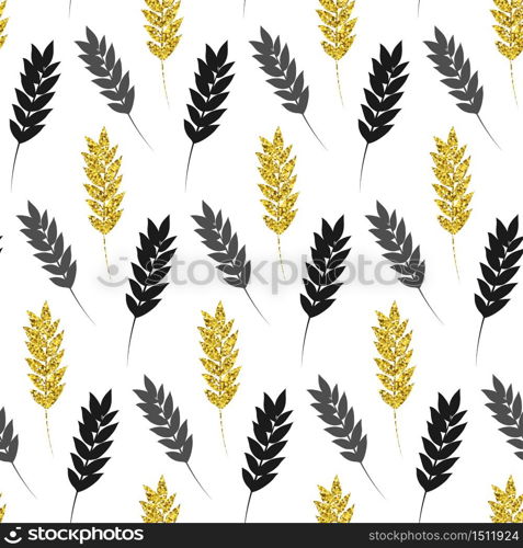 Gold floral background. Vector glitter seamless pattern with leaves. Modern stylish texture. Repeat design. Perfect print. Trendy botanical illustration.. Gold floral background. Vector glitter seamless pattern with lea