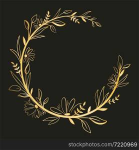 Gold floral wreath, vector illustration. Elegant luxury bezel, isolated object. Round botanical frame for congratulations or invitations.. Gold floral wreath, vector illustration.